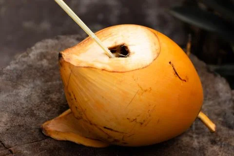 King Coconut with a straw inside Stock Photos