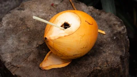 King Coconut with a straw inside Stock Photos