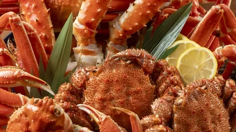 King Crab Platter With Legs, Lemon Slice, Close-Up Stock Footage 342017310