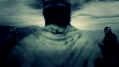 King with a Crown Looking Over his Kingdom Along with 2 Guards Stock Footage 113674370