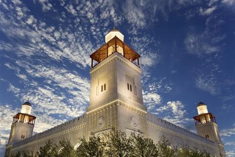 King Hussein Bin Talal mosque in Amman (at night), Jordan.  Against the clouds Stock Photos