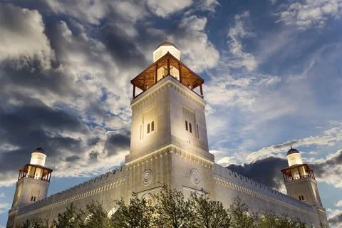 King Hussein Bin Talal mosque in Amman (at night), Jordan.  Against the clouds Stock Photos