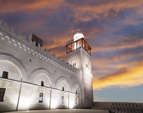 King Hussein Bin Talal mosque in Amman (at night), Jordan.  Against the clouds Stock Photos