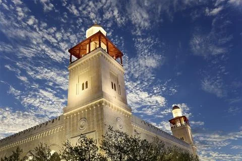 King Hussein Bin Talal mosque in Amman (at night), Jordan.  Against the clouds Stock Photos