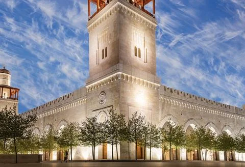 King Hussein Bin Talal mosque in Amman (at night), Jordan.  Against the clouds Stock Photos