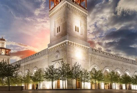King Hussein Bin Talal mosque in Amman (at night), Jordan.  Against the clouds Stock Photos