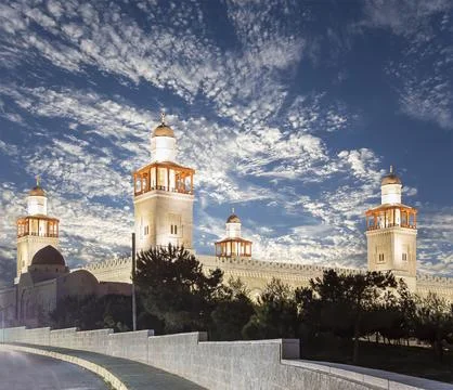 King Hussein Bin Talal mosque in Amman (at night), Jordan.  Against the clouds Stock Photos