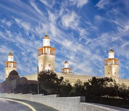 King Hussein Bin Talal mosque in Amman (at night), Jordan.  Against the clouds Stock Photos