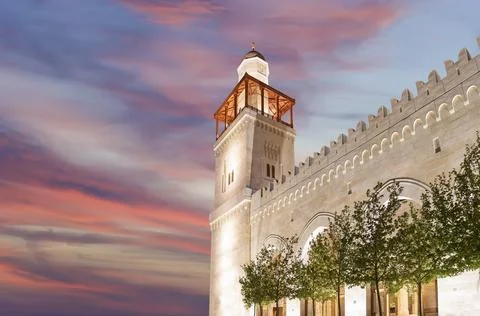 King Hussein Bin Talal mosque in Amman (at night), Jordan.  Against the clouds Stock Photos