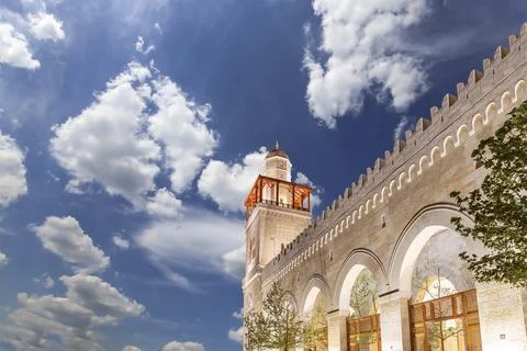 King Hussein Bin Talal mosque in Amman (at night), Jordan.  Against the clouds Stock Photos