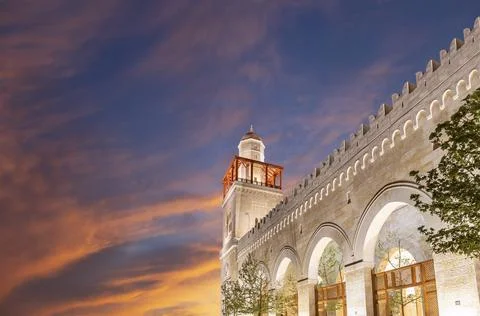 King Hussein Bin Talal mosque in Amman (at night), Jordan.  Against the clouds Stock Photos