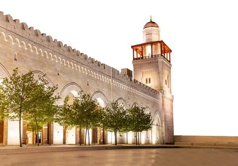 King Hussein Bin Talal mosque in Amman (at night), Jordan.  On white Stock Photos