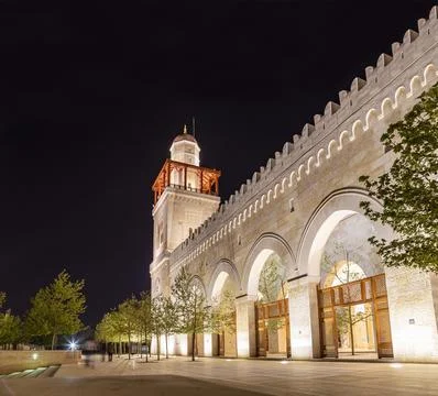 King Hussein Bin Talal mosque in Amman (at night), Jordan.  Against the clouds Stock Photos