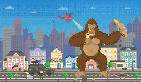 King kong in pixel-game layout design. Gorilla attacks humanity, holds pixel Ilustración de archivo