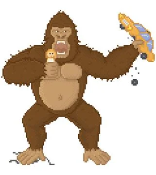 King kong in pixel game layout design. Gorilla attacks humanity, holds girl and Ilustración de archivo