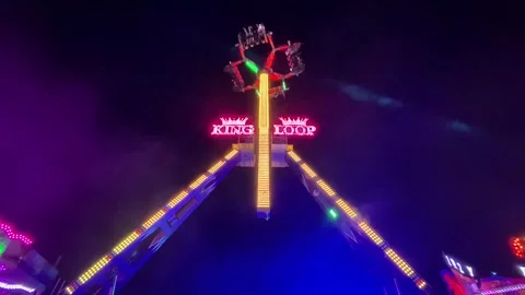 King Loop Fair ride fun fair Gold Coast Australia with LED changing lights 스톡 동영상 295984910