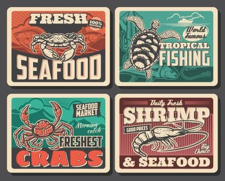 King or shear crab, turtle or shrimp retro posters Stock Illustration