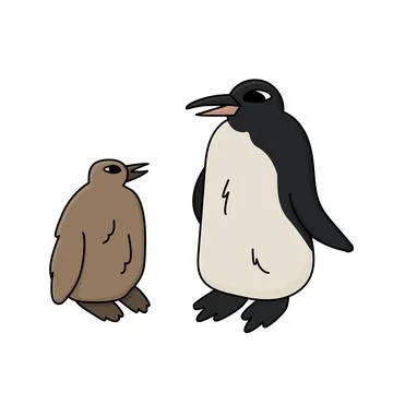 King penguin and a chick. Vector hand drawn cartoon outline illustration. Two Stock Illustration