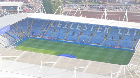King Power Stadium interior near Freemen’s Meadow Lock and Leicester riverside Stock Footage 324954627