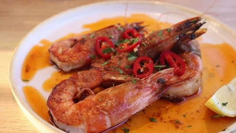 King Prawns Chilli Hot Sauce Starter Appetiser Seafood Lemon Dish Plate Food Stock Footage 276270004