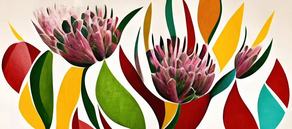 King protea abstract colorful pattern wallpaper, cape flora with red, green and Stock Photos