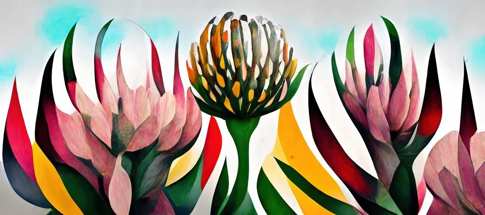King protea abstract colorful pattern wallpaper, cape flora with red, green and Stock Photos