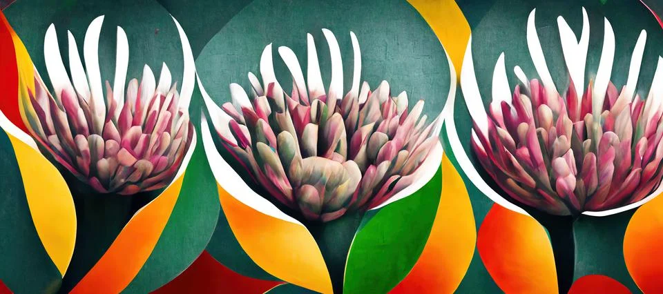 King protea abstract colorful pattern wallpaper, cape flora with red, green and Stock Photos