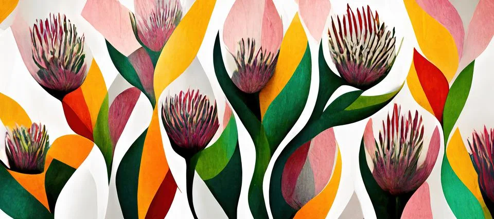 King protea abstract colorful pattern wallpaper, cape flora with red, green and Stock Photos