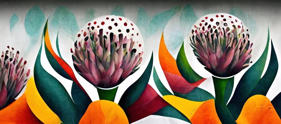 King protea abstract colorful pattern wallpaper, cape flora with red, green and Stock Photos