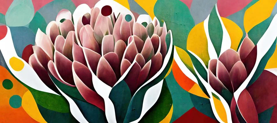 King protea abstract colorful pattern wallpaper, cape flora with red, green and Stock Photos