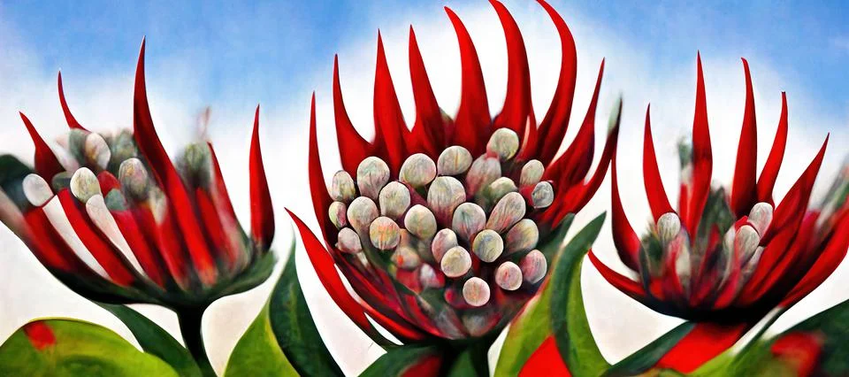 King protea abstract colorful pattern wallpaper, cape flora with red, green and Stock Photos