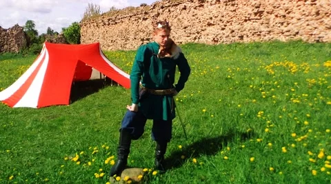 King on the ruins of the castle Stock Footage 50388926