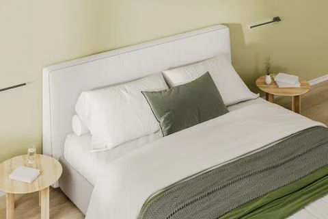 King size bed close up with bedside tables with decor, 3d rendering Stock Illustration