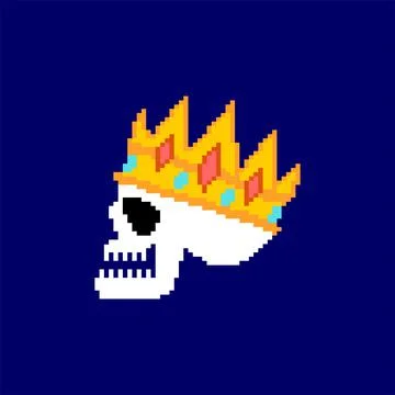 King skull Pixel art.8 bit Head of skeleton in crown. pixelated Vector illust Stock Illustration