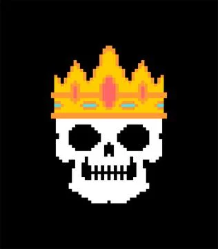 King skull Pixel art.8 bit Head of skeleton in crown. pixelated Vector illust 스톡 일러스트