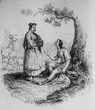 King the two shepherds, Fables de Florian illustrated by Victor Adam, Delloye Stock Illustration