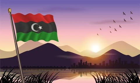 Kingdom of Libya flag flying against a beautiful sunrise sky. Stock Illustration