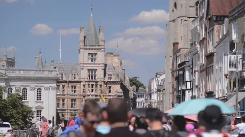 Kings Parade busy with tourists on a Summer day, Cambridge, UK Stock Footage 92743853