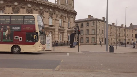 Kingston Upon Hull, Double-Decker Bus Passes The Bbc Radio Building &amp; Queens G Stock Footage 104284065