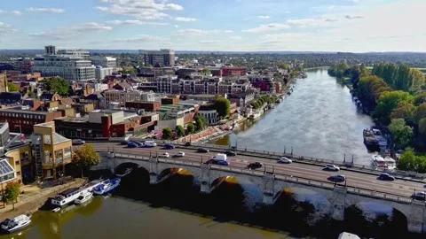 Kingston upon Thames - City Centre and Bridge Lift - Drone Aerial Stock Footage 287566807