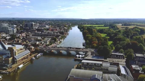 Kingston upon Thames - City Centre and Bridge Pan - Drone Aerial Stock Footage 287572857