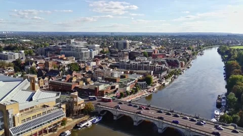 Kingston upon Thames - City Centre and Bridge Pullback - Drone Aerial Stock Footage 287573079
