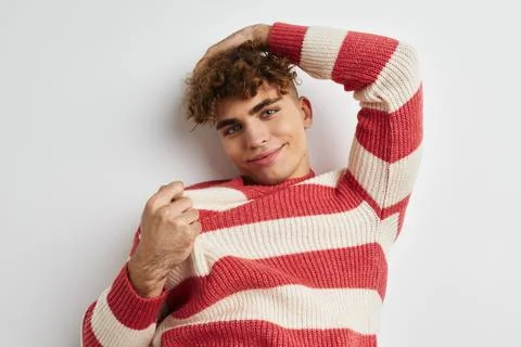 Kinky guy hand gesture posing fun light background Stock Photos
