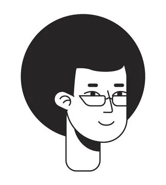 Kinky haired man with glasses flat line monochromatic vector character head Stock Illustration