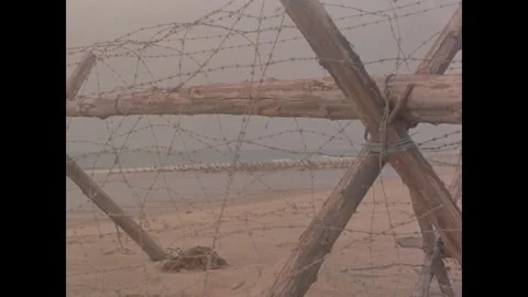 KINMEN - 1958: Barbed wire on timber frames Stock Footage 342670293