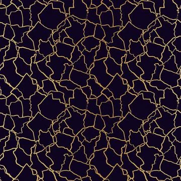 Kintsugi art seamless pattern with gold thin lines and abstract shards on dark Stock Illustration
