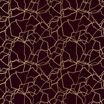 Kintsugi art seamless pattern with gold thin lines and abstract shards on dar Stock Illustration