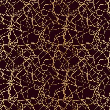 Kintsugi art seamless pattern with gold thin lines and abstract shards on dar Stock Illustration