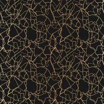 Kintsugi art seamless pattern with gold thin lines and abstract shards on dar Stock Illustration