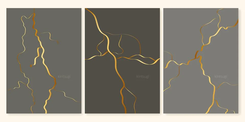 Kintsugi gold crack pattern aesthetic marble vector background. Set of Stock Illustration